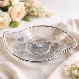 Vintage Viking Glass Etched Floral Glass Bowl Dish Clear Cottagecore Trinket